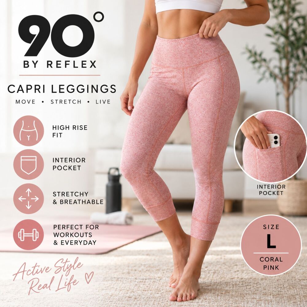 90 Degree By Reflex Capri Leggings Womens L Pink Coral High Rise Yoga Workout